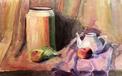 Watercolor painting Fruit and kettle Unknown artist