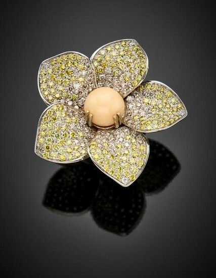 White gold fancy pink and yellow diamond pavÃ© flower