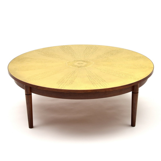 Wooden table with etched brass top, design &...