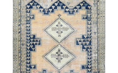 Yellow, Worn Wool Hand Knotted, Vintage Persian Shiraz Squarish Rug