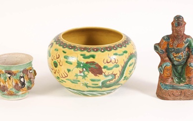 iGavel Auctions: Chinese Porcelain Yellow Ground Dragon Ovoid Vessel and Two Green and Amber Glazed Articles AFR3SHLM