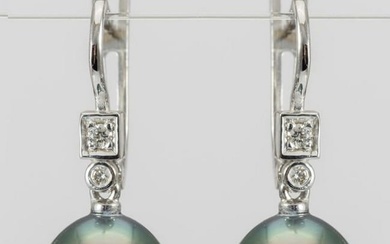 10x11mm Peacock Tahitian Pearl Drops - 14 kt. White gold - Earrings - 0.07 ct