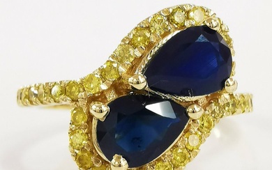1.20 ct Blue Sapphire & 0.55 ct N.F.I.Yellow N.F.Vivid Yellow Diamond Designer Ring - 3.69 gr - 14 kt. Yellow gold - Ring - 1.20 ct Sapphire - Diamonds
