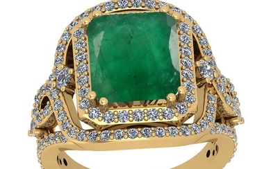 13.91 Ctw VS/SI1 Emerald And Diamond 18K Yellow Gold Vintage Style Ring