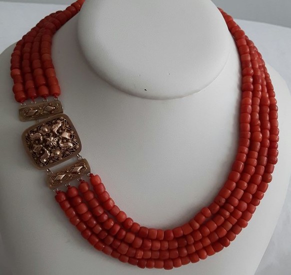 14 kt. Gold - Necklace Antique cool lock from 1900 - Blood coral