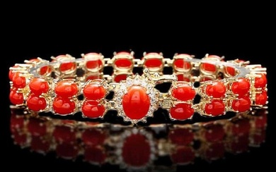 14K Yellow Gold 25.85ct Coral and 0.35ct Diamond Bracelet