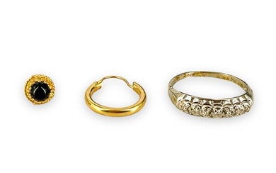 14k White Gold Clear Stone Ring, Single Gold Earring & Single Small Hoop Earring
