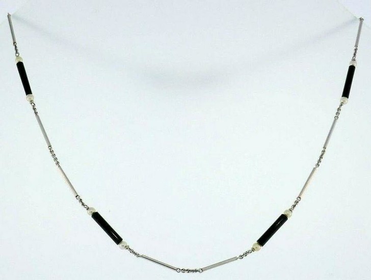 14k White Gold Onyx Seed Pearl Watch Chain Bracelet