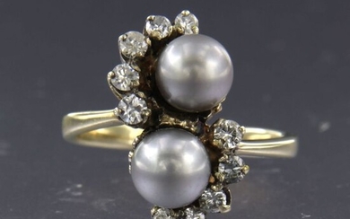 18 kt. Freshwater pearl, Yellow gold - Ring - 0.46 ct Diamond