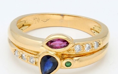 18 kt. Gold - Ring - 0.06 ct Diamond - Emerald, Ruby, Sapphire