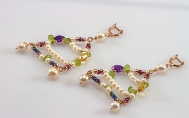 18 kt. Pink gold - Earrings - Amethysts, Pearls, Peridots, Rubys, Sapphires