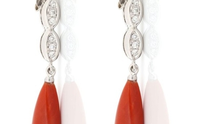 18 kt. White gold - Earrings - 0.15 ct Diamond - Natural Coral