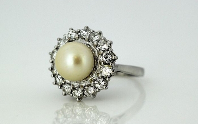 18 kt. White gold - Ring - 3.50 ct Pearl - Diamonds