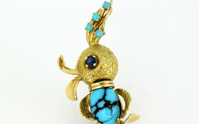 18 kt. Yellow gold - Brooch Turquoise - Sapphires