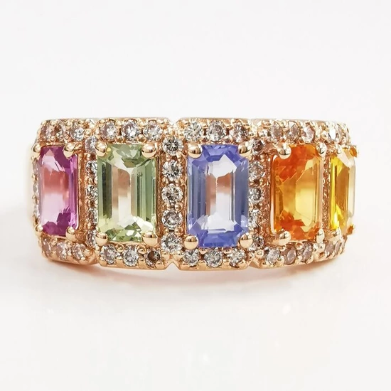 1.82 ct mix color sapphires & 0.42 ct vs fancy light pink diamonds designer 5 stone ring - 14 kt. Pink gold - Ring Sapphire - Diamonds, GWLAB Certified No Reserve