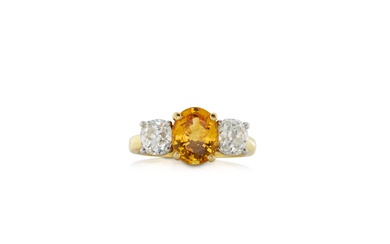 18K Gold, Yellowish/Orange Sapphire, and Diamond Ring