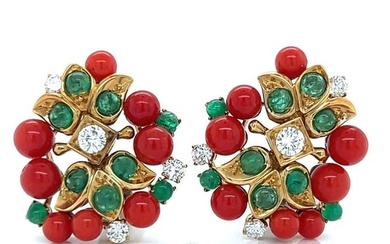 18K Yellow Gold Italian Coral Diamond and Emerald Earrings