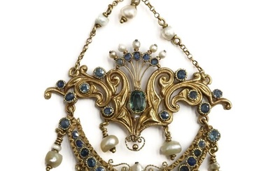 18k Teal Topaz and Blue Spinel Seed Pearl Victorian Necklace Pendant