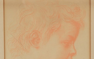 18th century old master drawing of a child's head in red. Vertical script watermark on left side.