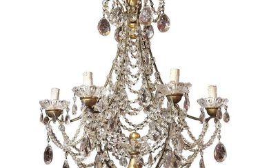 19th C. Italian Cut Crystal Beaded Gilt Iron Cage Structure Chandelier