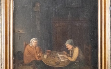 19th c. Dutch School Oil on Board Interior Genre Scene