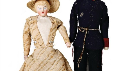 2 pieces, dollhouse dolls, elegant lady, bisque porcelain shoulder headed doll, modelled blond hair