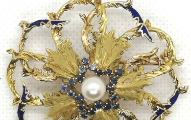 18 kt. Yellow gold - Brooch, Necklace Pearl - Sapphires