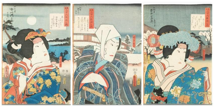 3 Japanese woodblock prints, Utagawa Kunisada.