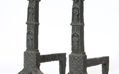 3353897. A PAIR OF 19TH CENTURY SUBSTANTIAL CAST IRON ANDIRONS.