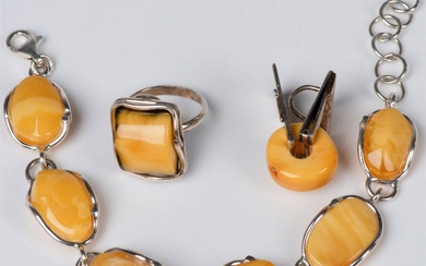 3pc Sterling Silver and Amber Bracelet, Ring & Pendant