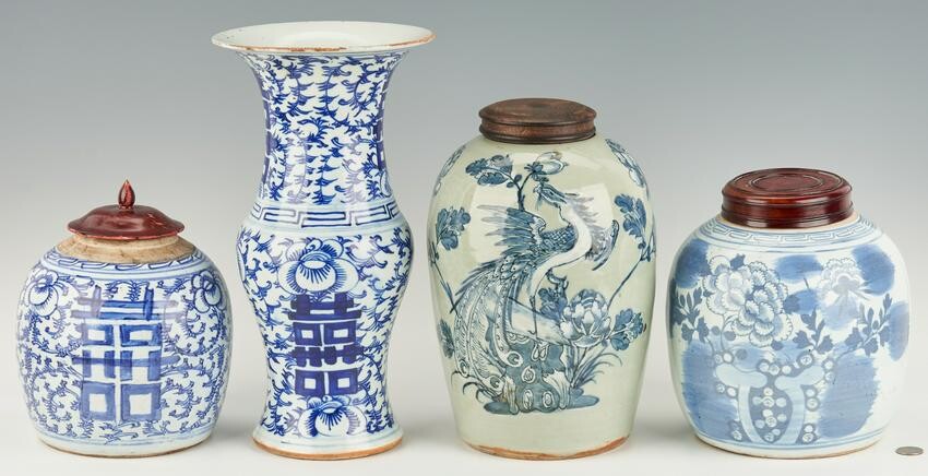 4 Asian Blue & White Porcelain Vases