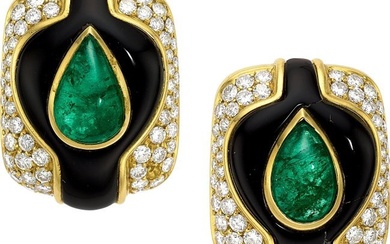 55097: Emerald, Diamond, Black Onyx, Gold Earrings Sto