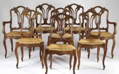 (8) 19th c. French Provincial chairs w/ rush seats