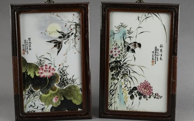 (2) Chinese famille rose huaniao hua plaques, 13"h