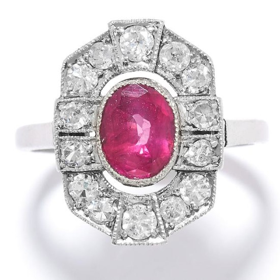 ART DECO RUBY AND DIAMOND RING in 18ct white gold, set
