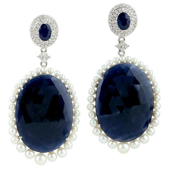 68.6 Carat Blue Sapphire Diamond Pearl 18 Karat White