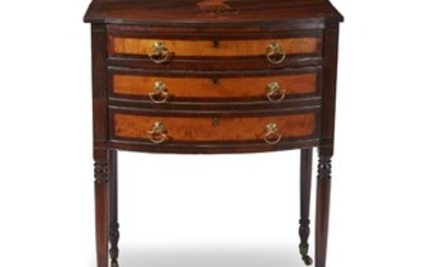 A Federal inlaid mahogany and maple two-drawer work table...