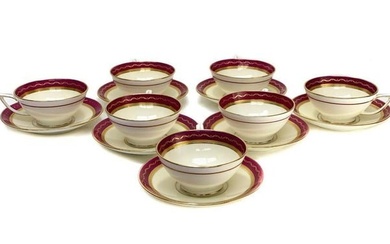 7 Minton England Porcelain Cup and Saucers, circa 1900. Maroon and Gilt