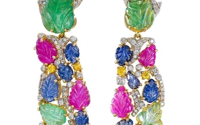 7.11 Ct Emerald, 15.27 Cttw Sapphire & Ruby and 0.80 Ct Diamonds - 14 kt. Yellow gold - Earrings - NO RESERVE