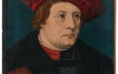 Ecole allemande du XVIe siècle Portrait d'homme à la coiffe rouge ornée d'une médaille de saint Christophe