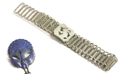 A sterling silver enamel peacock brooch