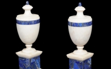 A pair of white marble and lapis lazuli mounted urns in Neoclassical style