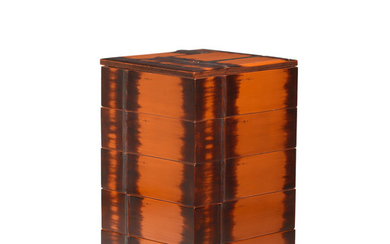 A lacquered-wood five-tier jubako (picnic box) and cover