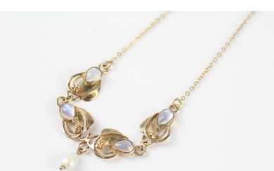 9ct gold moonstone and cultured pearl set static pendant nec...