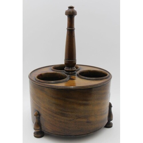 A 19TH CENTURY WOODEN THREE-BOTTLE TABLE CADDY, possibly fro...