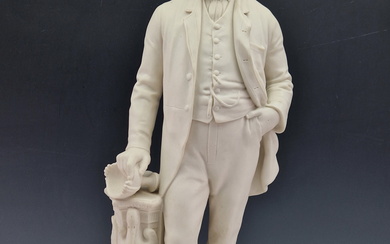 A 19th C. PARIAN FIGURE OF COLIN MINTON CAMPBELL STANDING HOLDING A CUP ON A COLUMN MOULDED THIS