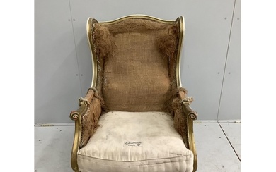 A 19th century French painted parcel gilt armchair requiring...