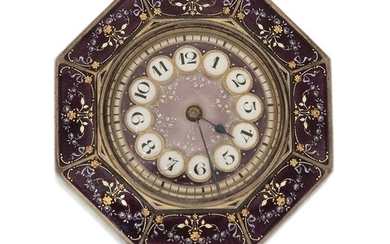 A 19th century silver gilt and enamel time piece, the circular light purple guilloche enamel dial with Arabic numerals and blued steel hands, keyless cylinder movement, within painted foliate enamel octagonal bezel. This is incomplete and was...