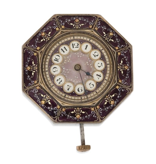A 19th century silver gilt and enamel time piece, the circular light purple guilloche enamel dial with Arabic numerals and blued steel hands, keyless cylinder movement, within painted foliate enamel octagonal bezel. This is incomplete and was...