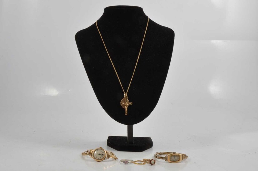 A 9 carat gold wristwatch, rings, crucifix, St Christopher and chain.